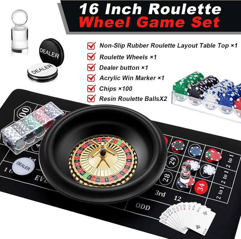 Lunmon Roulette Wheel Game Set Include 16'' Black Roulette Wheel 35" x 16" Rubber Tabletop Layout Mat, 100 Chips Dealer Button Win Marker Casino Game Sets Gift Ideas(Black) - Image 2